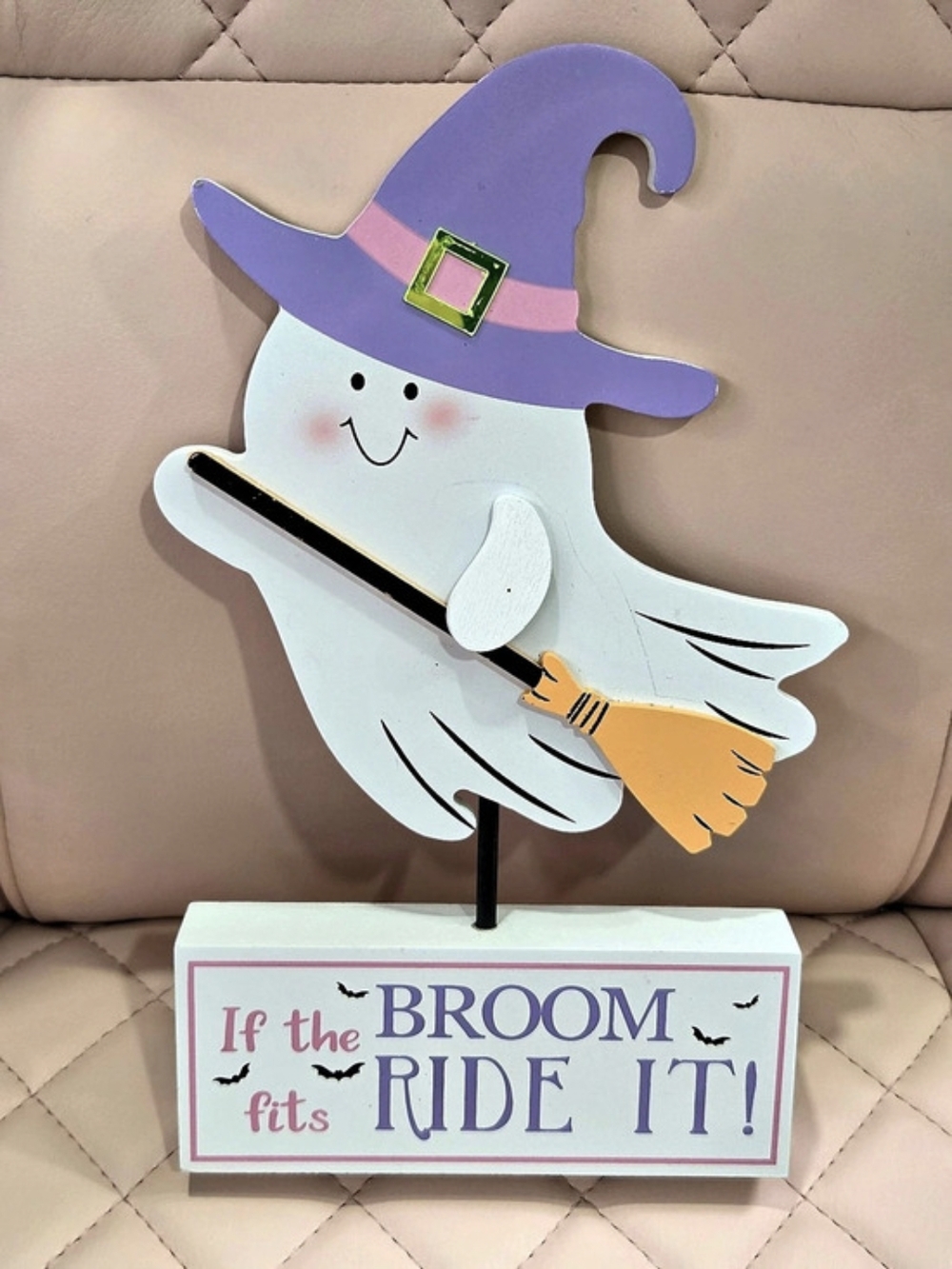 White & Purple Witch Broom Ride Halloween Decor
